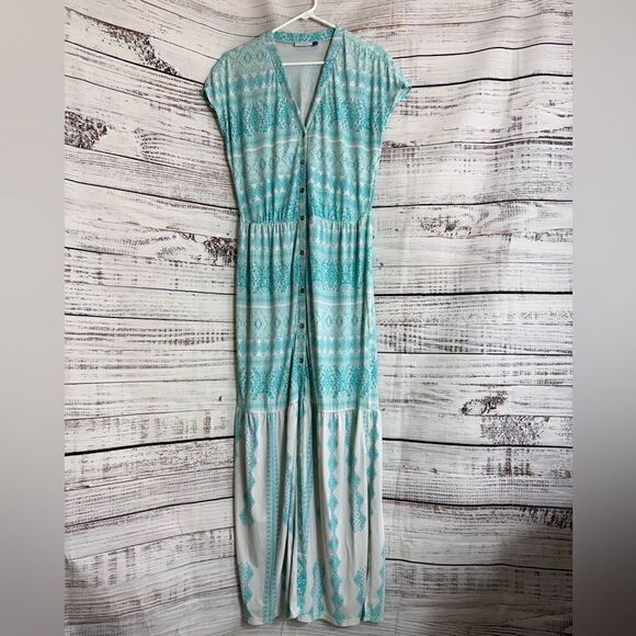 Cabana Life Dress Womens Sz L Maxi button up paisley V Neck Tiered UPF Cover up - Picture 2 of 11